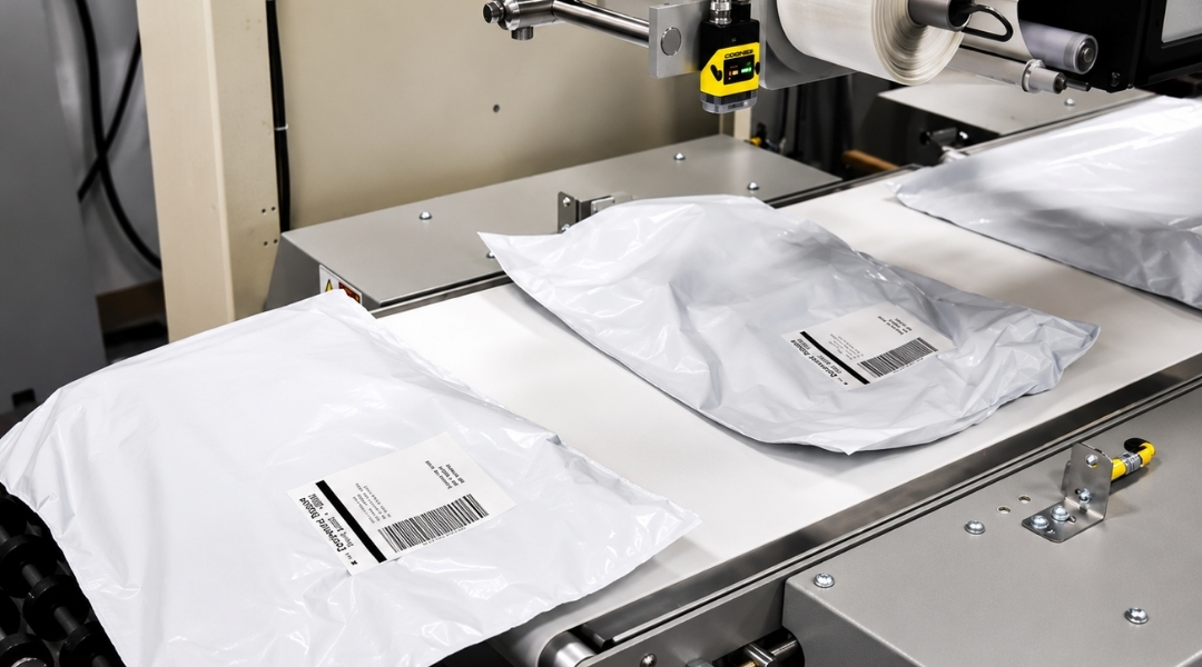 A close up of e-commerce bags being labelled using a Texwrap EPSB-3322 E-Commerce Auto Mailer System.