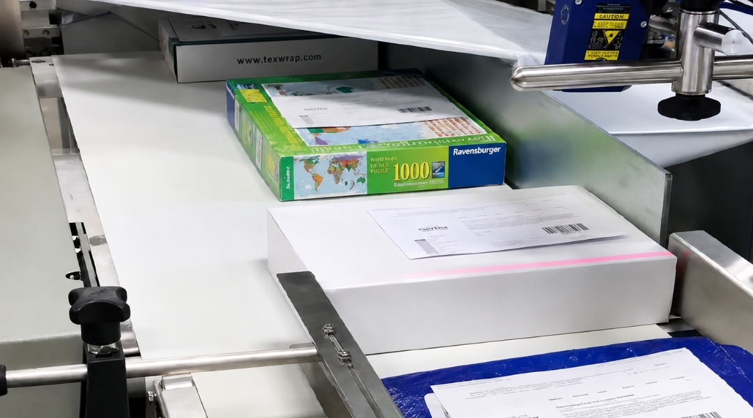 Shrink wrapping pharmaceutical boxes.