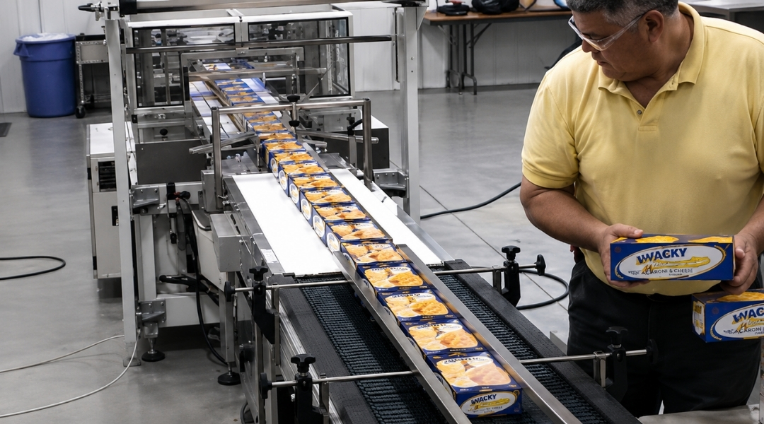 Man loading food boxes into a side seal shrink wrapper.